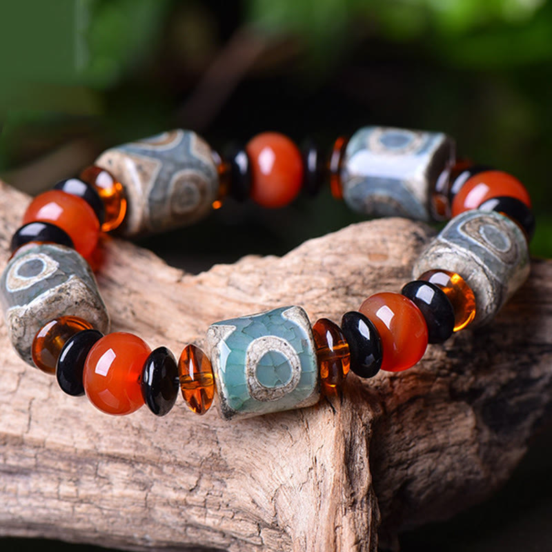 Fortune Jewel Tibetan Three-eyed Dzi Bead Agate Protection Happiness Bracelet
