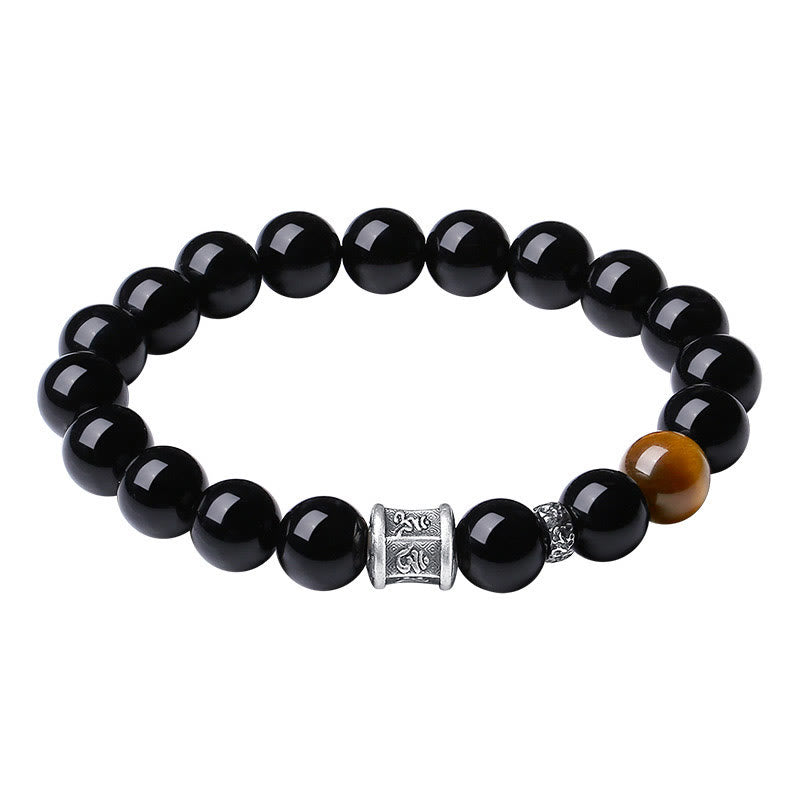 Fortune Jewel 999 Sterling Silver Black Obsidian Tiger Eye Om Mani Padme Hum Fulfillment Bracelet