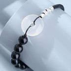 Fortune Jewel 925 Sterling Silver Black Obsidian Agate Peace Buckle Strength Bracelet