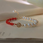 Fortune Jewel 14K Gold Plated Pearl Bead Luck Protection Braid Red String Bracelet