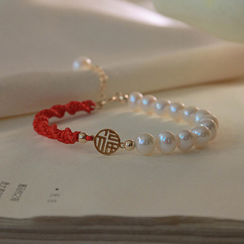 Fortune Jewel 14K Gold Plated Pearl Bead Luck Protection Braid Red String Bracelet