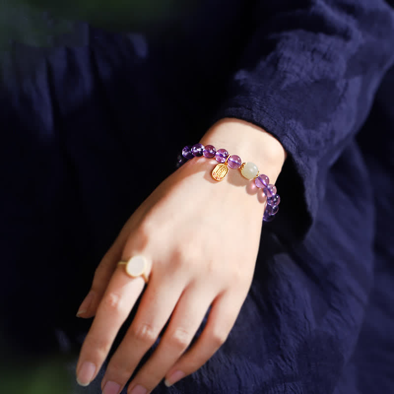 Fortune Jewel Natural Amethyst Crystal Hetian Jade Healing Charm Bracelet