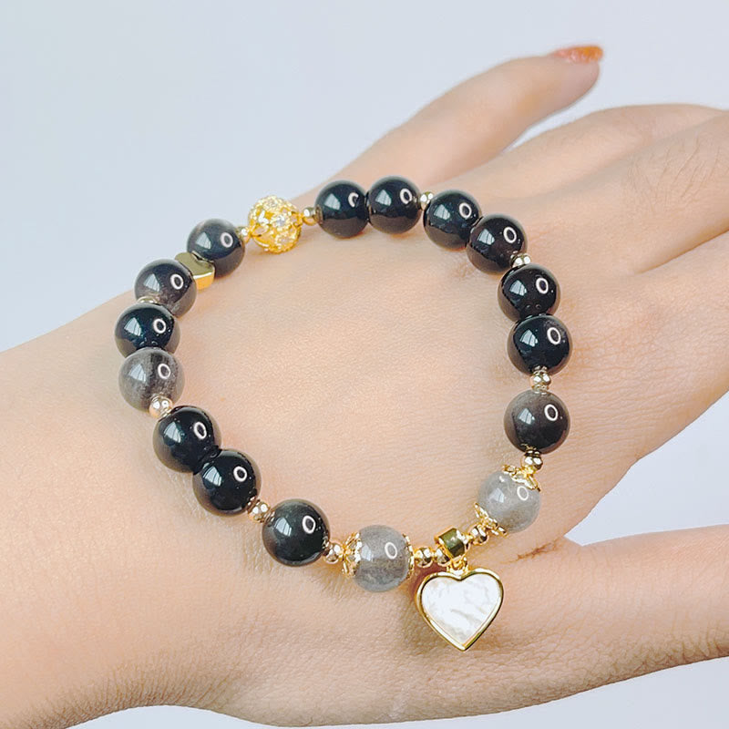 Fortune Jewel Natural Silver Sheen Obsidian Love Heart Star Flower Protection Bracelet