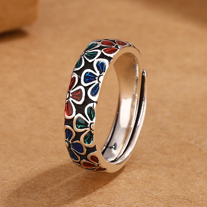 Fortune Jewel Colorful Plum Blossoms Design Healing Copper Adjustable Ring