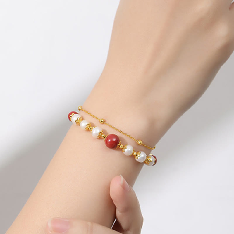 Fortune Jewel 925 Sterling Silver Pearl Cinnabar Wisdom Bead Double Layer Chain Bracelet