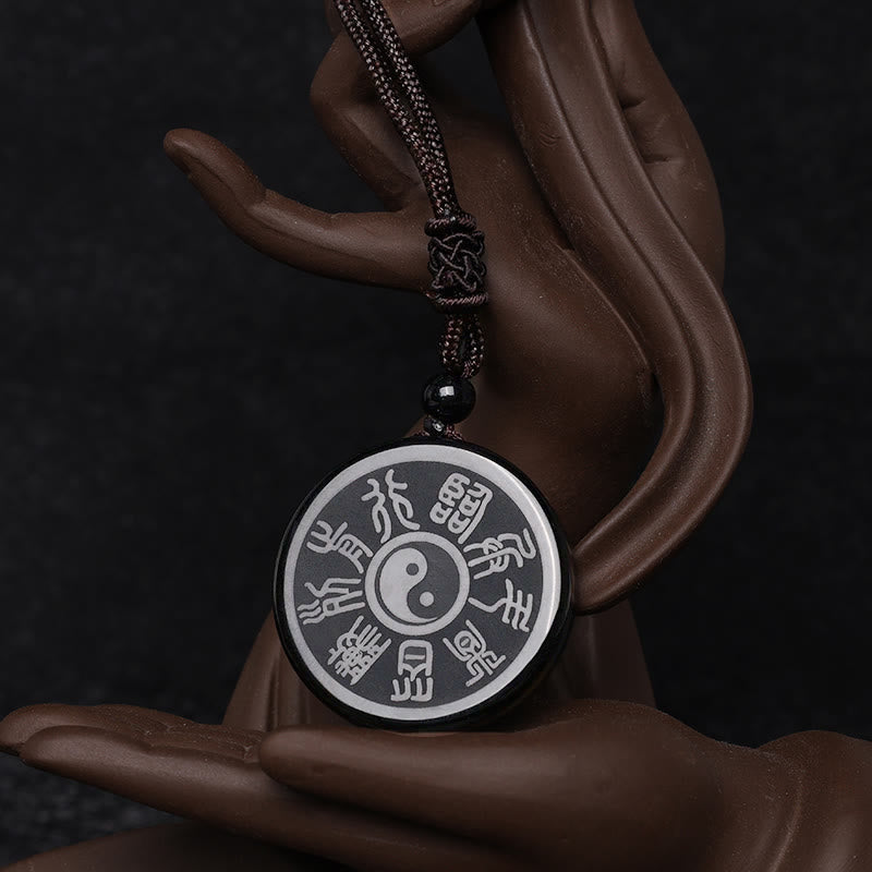 Fortune Jewel Black Obsidian Taoism Five Sacred Mountains Nine-Character Mantra Carved Purification Yin Yang Necklace Pendant