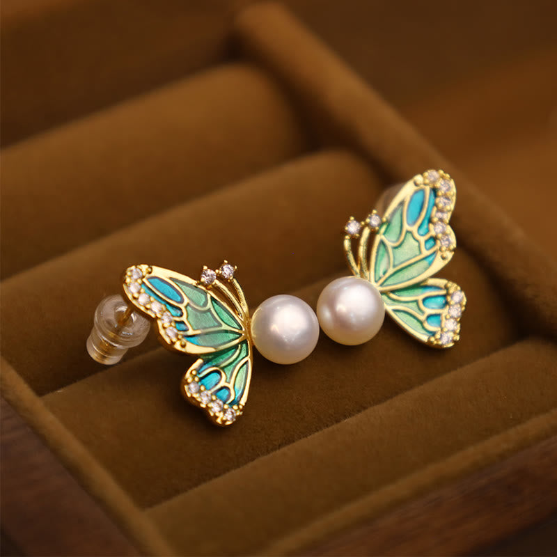 Fortune Jewel 925 Sterling Silver Posts 18K Gold Plated Copper Natural Pearl Butterfly Healing Stud Earrings