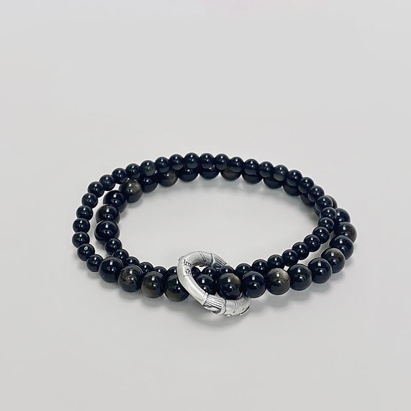 Fortune Jewel 999 Sterling Silver Black Obsidian Fulfillment Strength Double Layer Bracelet