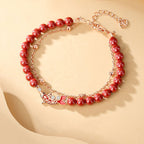 Fortune Jewel 925 Sterling Silver Lucky Koi Fish Cinnabar Zircon Prosperity Double Layer Chain Bracelet