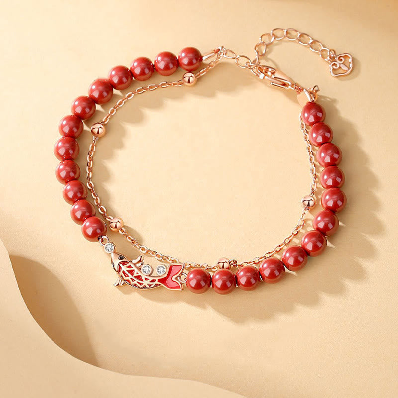 Fortune Jewel 925 Sterling Silver Lucky Koi Fish Cinnabar Zircon Prosperity Double Layer Chain Bracelet