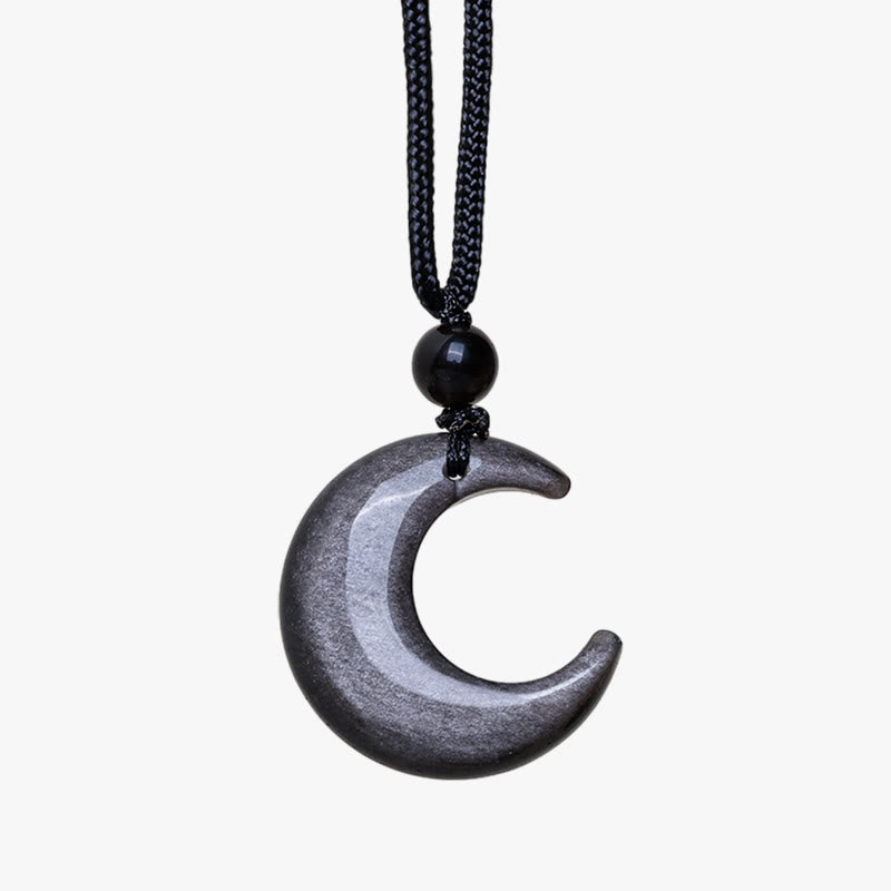 Fortune Jewel Natural Silver Sheen Obsidian Selenite Crystal Crescent Moon Yin Yang Couple Protection Necklace Pendant