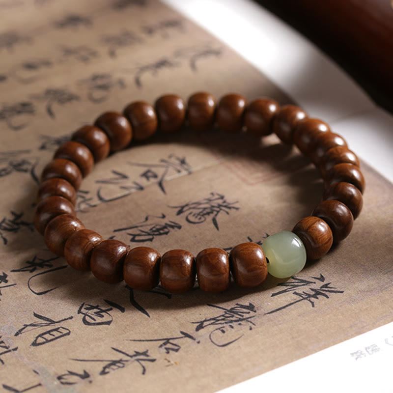 Fortune Jewel Natural Abelia Biflora Wood Hetian Jade Bamboo Bead Warding Off Evil Spirits Bracelet
