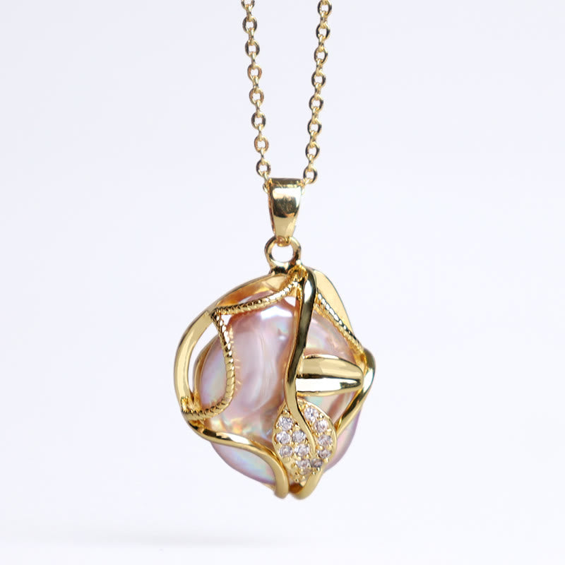 Fortune Jewel 18K Gold Plated Copper Natural Baroque Pearl Flower Sincerity Necklace Pendant