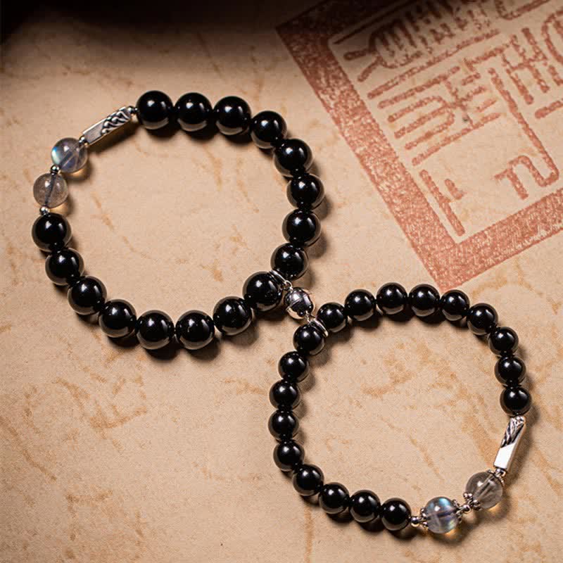 Fortune Jewel 925 Sterling Silver Obsidian Moonstone Strength Couple Bracelet