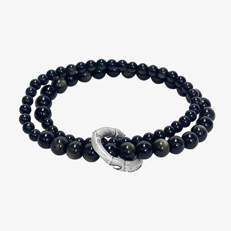 Fortune Jewel 999 Sterling Silver Black Obsidian Fulfillment Strength Double Layer Bracelet