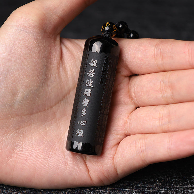 Fortune Jewel Natural Black Obsidian Heart Sutra Purification Necklace Pendant