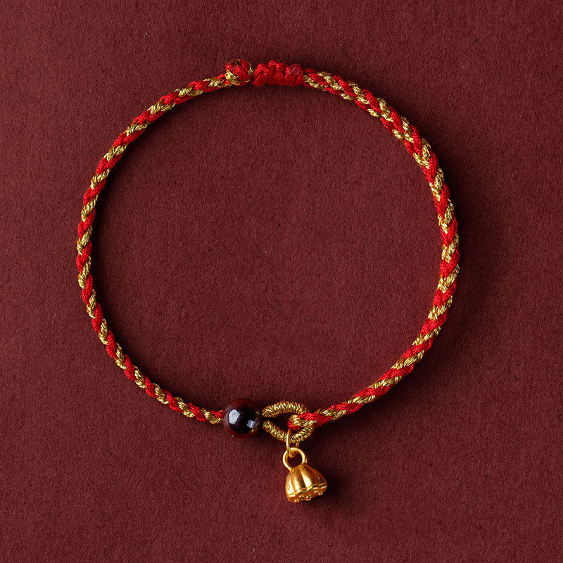 Fortune Jewel Handcrafted Red Gold Rope Lotus Peace And Joy Charm Braid Bracelet