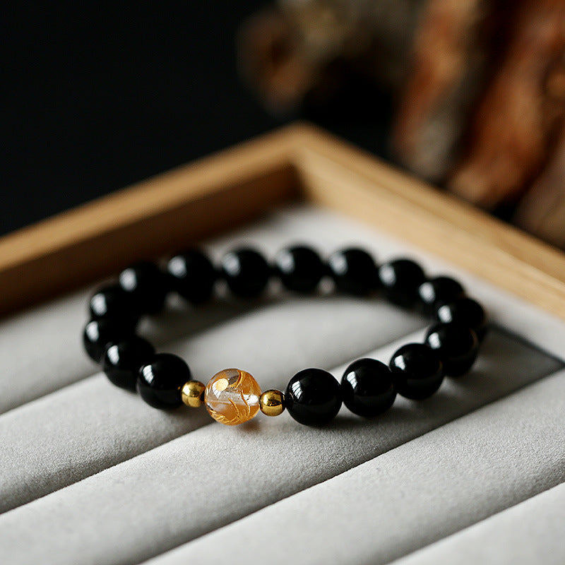 Fortune Jewel Natural Black Obsidian White Crystal Black Onyx Dragon Strength Bracelet