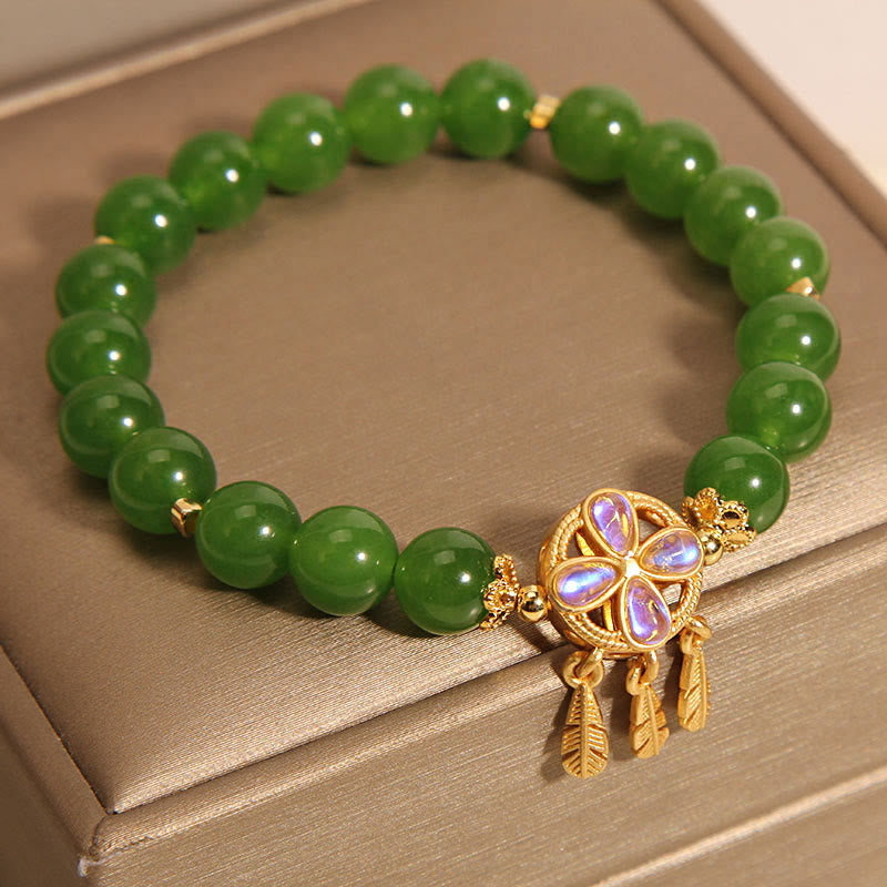 Fortune Jewel Green Jade Dreamcatcher Four Leaf Clover Luck Bracelet