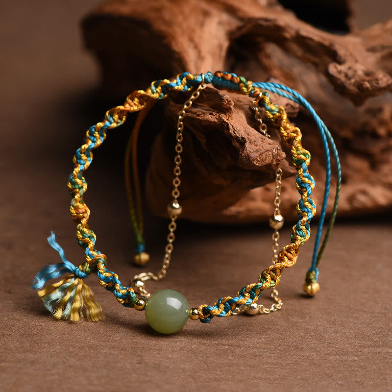 Fortune Jewel Handmade Colorful Rope Luck Jade Bead Abundance Double Layer Bracelet