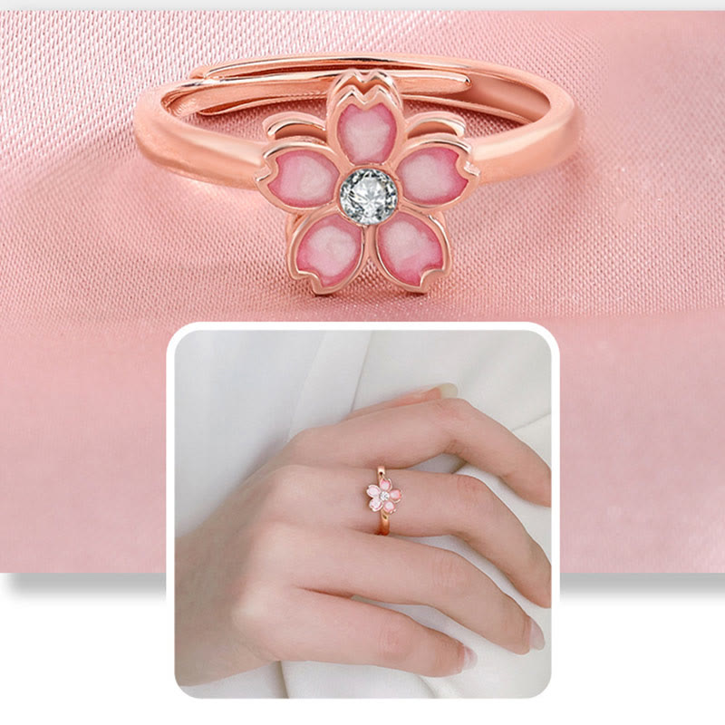 Fortune Jewel 925 Sterling Silver Cherry Blossom Blessing Chain Bracelet Rotatable Ring