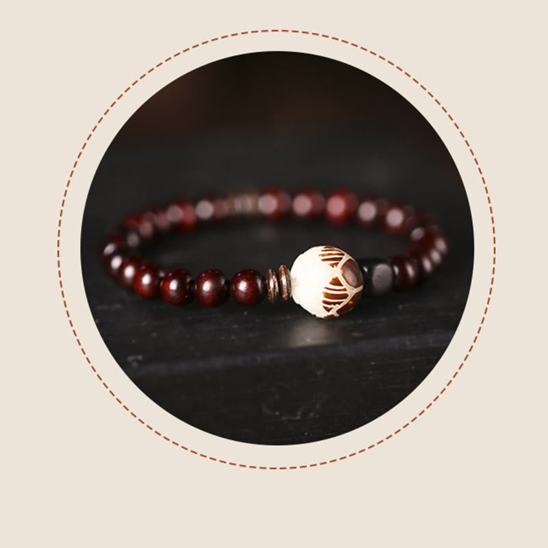 Fortune Jewel Small Leaf Red Sandalwood Lotus Bodhi Seed Carved Protection Double Wrap Bracelet