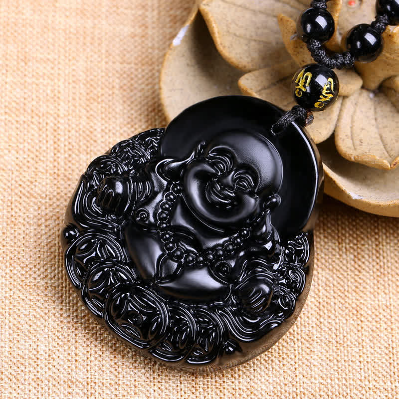 Fortune Jewel Laughing Buddha Black Obsidian Strength Protection Pendant Necklace