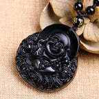 Fortune Jewel Laughing Buddha Black Obsidian Strength Protection Pendant Necklace
