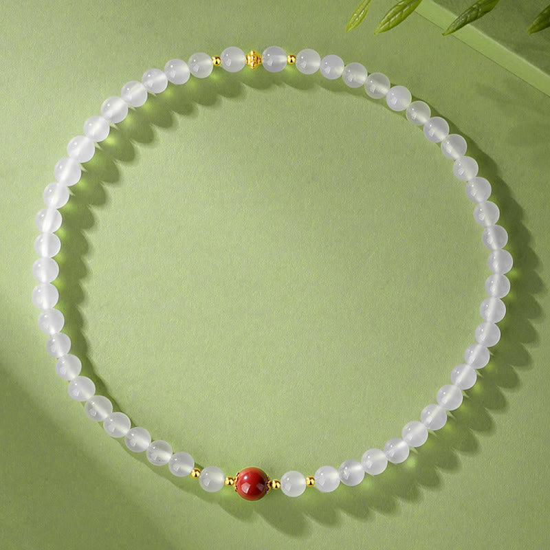 Fortune Jewel 925 Sterling Silver Natural White Agate Cinnabar Double Wrap Protection Bracelet