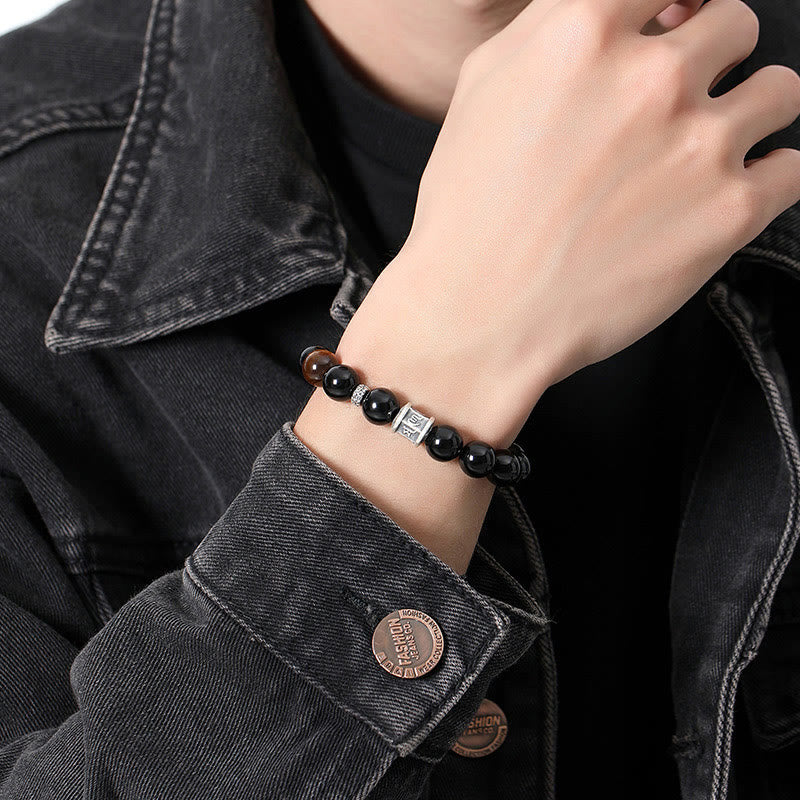 Fortune Jewel 999 Sterling Silver Black Obsidian Tiger Eye Om Mani Padme Hum Fulfillment Bracelet