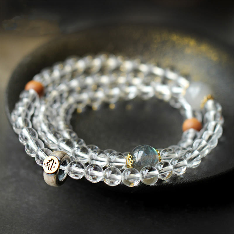 Fortune Jewel 925 Sterling Silver Chinese Zodiac Natal Buddha White Crystal Meditation Triple Wrap Bracelet