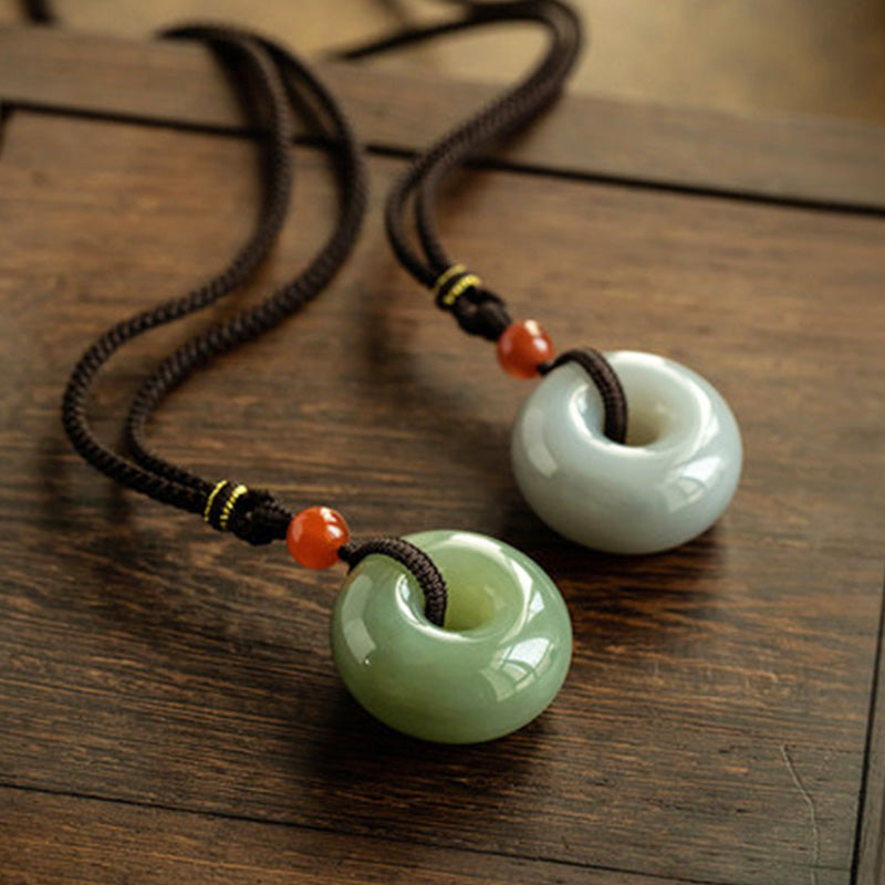 Fortune Jewel Natural Round Jade Gray Jade Peace Buckle Luck Necklace Pendant