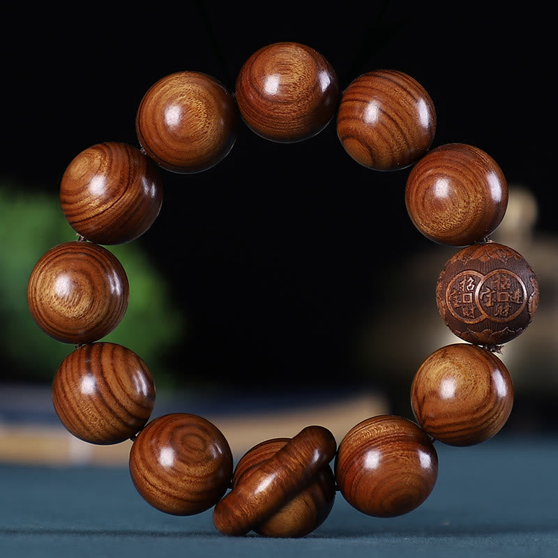 Fortune Jewel Chinese Zodiac Rosewood Green Sandalwood Ebony Wood Copper Coin Carved Calm Bracelet