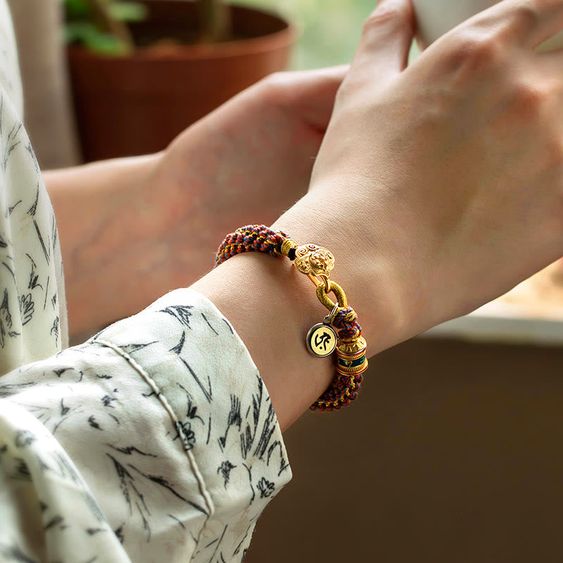 Fortune Jewel 925 Sterling Silver Chinese Zodiac Natal Buddha Om Mani Padme Hum Luck Bell Braided String Bracelet