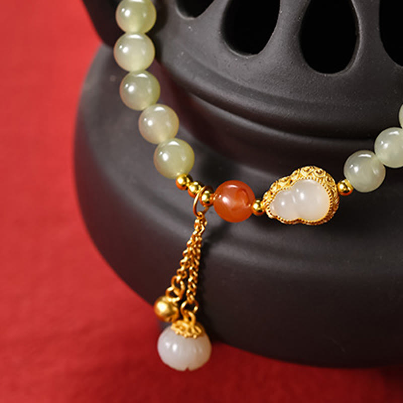 Fortune Jewel 925 Sterling Silver Hetian Jade Gourd Lotus Abundance Luck Bracelet