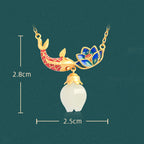 Fortune Jewel White Jade Koi Fish Lotus Copper Protection Necklace Pendant Fortune Jewel