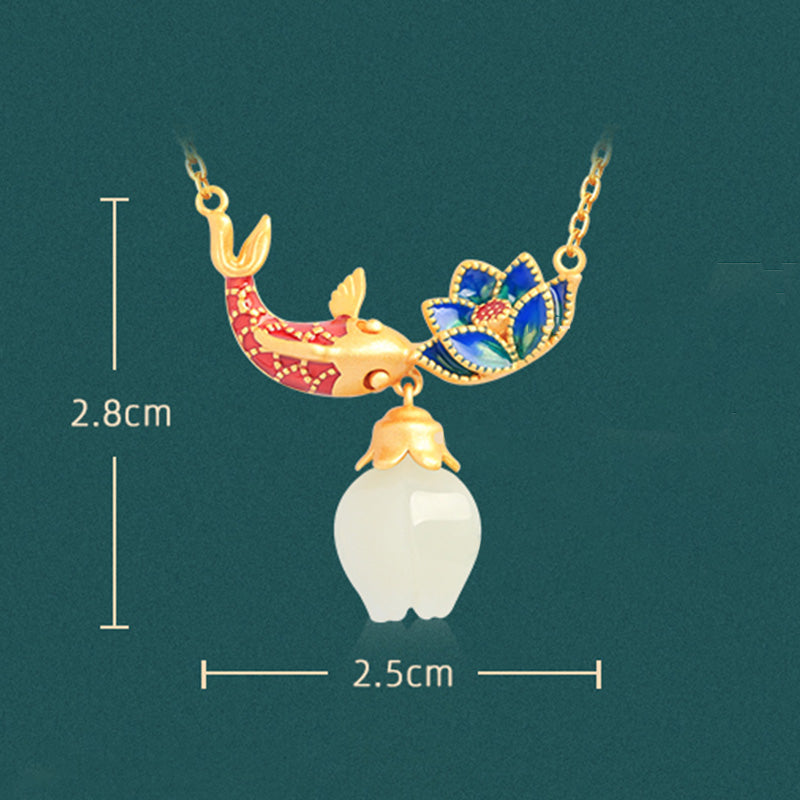 Fortune Jewel White Jade Koi Fish Lotus Copper Protection Necklace Pendant Fortune Jewel