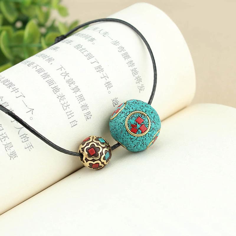 Fortune Jewel Tibetan Turquoise Double Bead Protection Strength Necklace Pendant