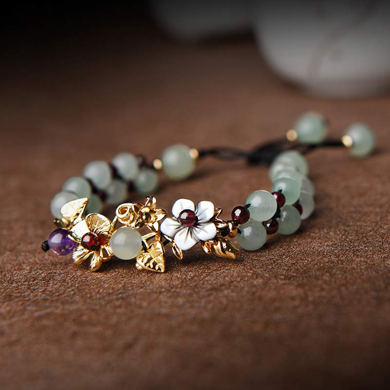 Fortune Jewel Green Aventurine Garnet Bead Flower Petal Luck Bracelet