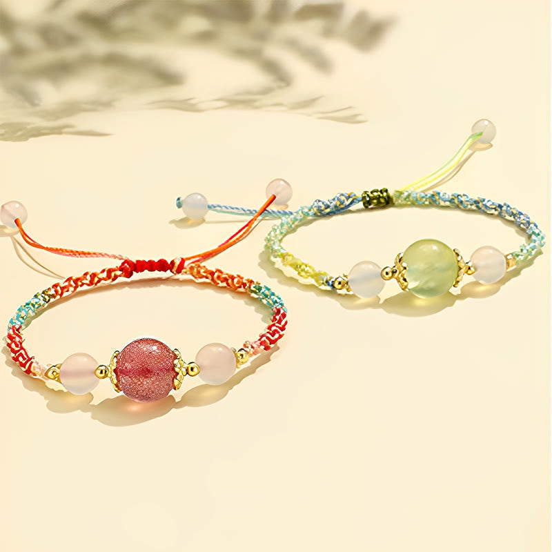 Fortune Jewel Strawberry Quartz Pink Crystal Prehnite White Agate Bead Healing Rope Bracelet