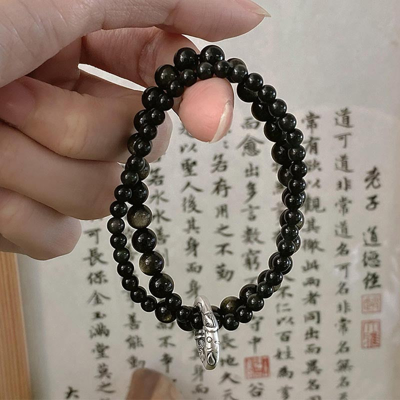 Fortune Jewel 999 Sterling Silver Black Obsidian Fulfillment Strength Double Layer Bracelet