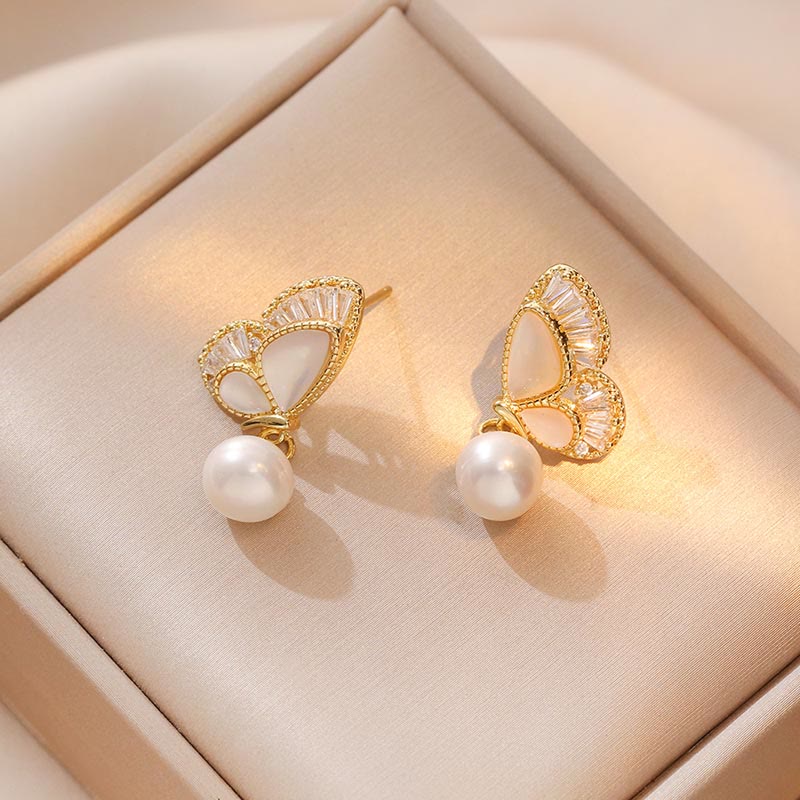 Fortune Jewel Tridacna Stone Pearl Bead Butterfly Healing Necklace Pendant Earrings Set
