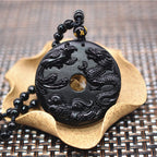 Fortune Jewel Black Obsidian Dragon Phoenix Mandarin Duck Luck Protection Necklace Pendant