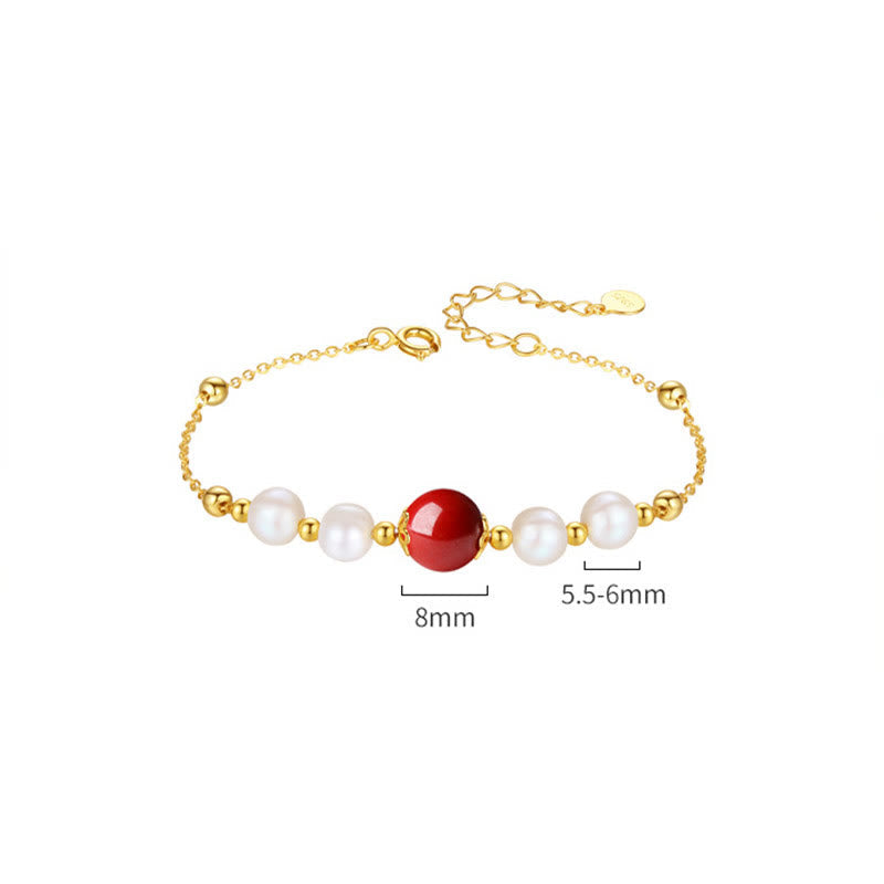 Fortune Jewel 925 Sterling Silver Pearl Cinnabar Healing Bead Chain Bracelet