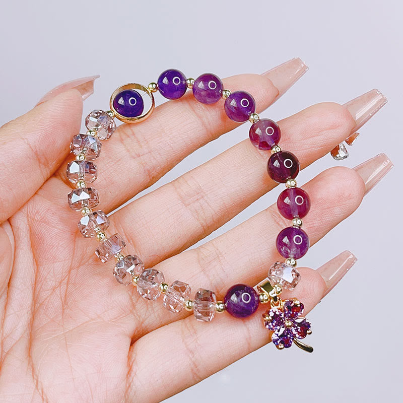Fortune Jewel Amethyst Crystal Four Leaf Clover Healing Charm Bracelet
