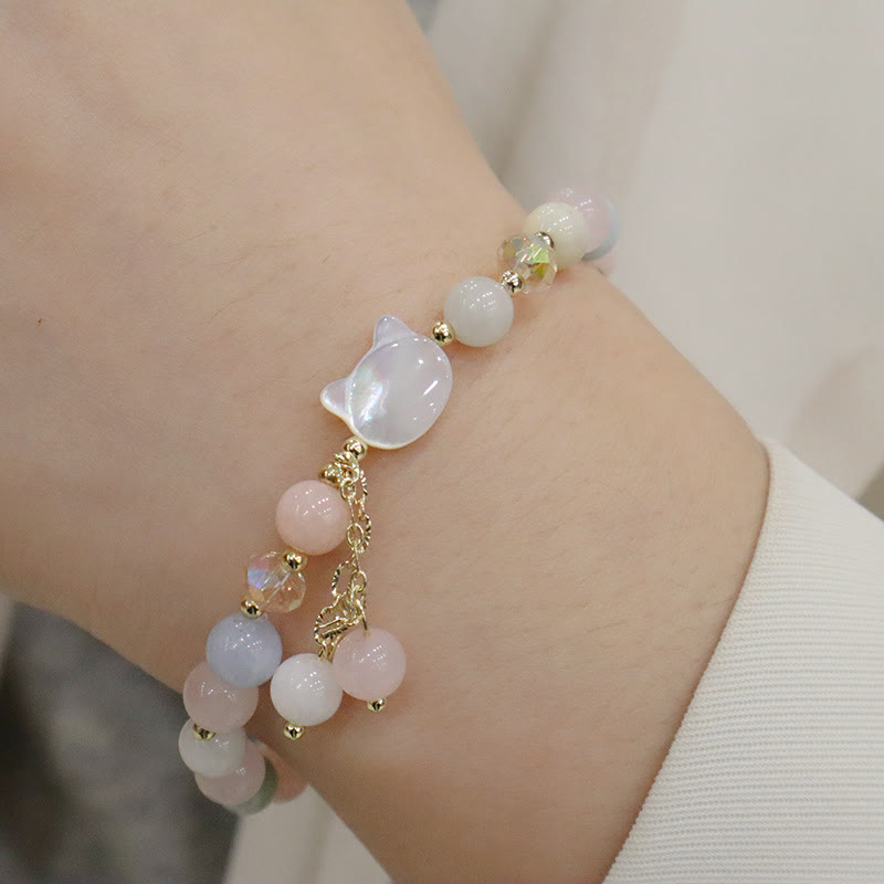 Fortune Jewel Natural Strawberry Quartz Morganite Tridacna Stone Cat Love Bracelet