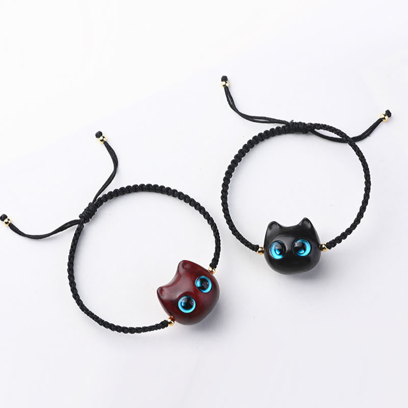 Fortune Jewel Small Leaf Red Sandalwood Ebony Wood Cute Cat Head Calm Protection Braided Bracelet