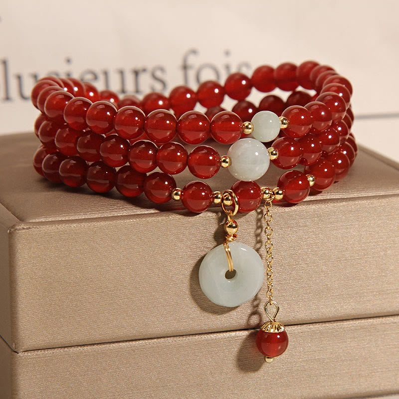 Fortune Jewel Natural Red Agate Jade Peace Buckle Calm Triple Wrap Bracelet