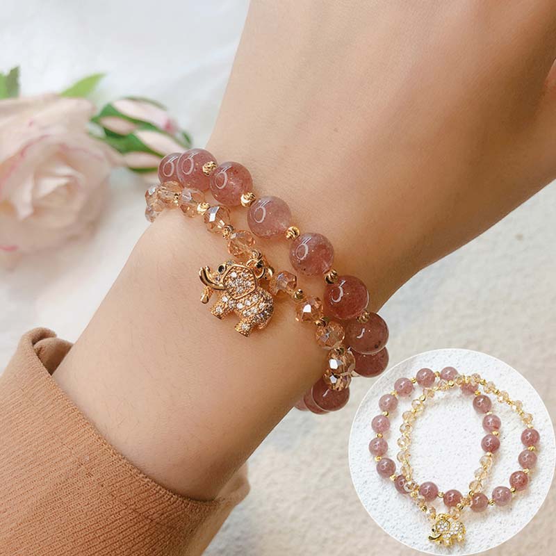 Fortune Jewel Rose Quartz Elephant Healing Energy Charm Bracelet