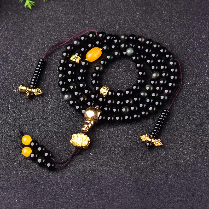 Fortune Jewel 108 Beads Natural Black Obsidian Lotus Fulfilment Mala Bracelet